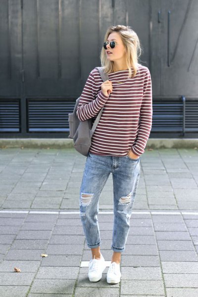 Black and White Horizontal Striped Long Sleeve T-Shirt with Light Blue Boyfriend Jeans