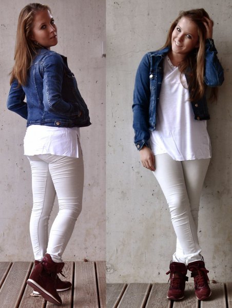 blue cropped denim jacket with white tunic top and black sneakers with hidden wedge heels