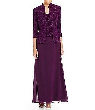 Long dress in deep purple chiffon with matching slim fit
blazer