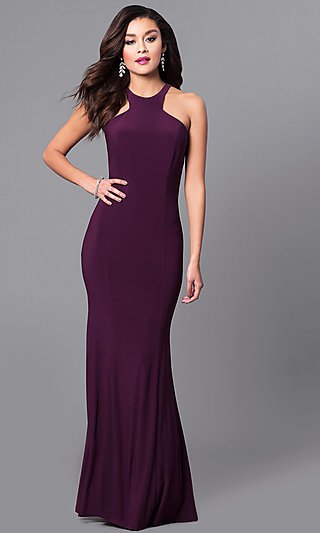 Purple halterneck mermaid silk dress with heels