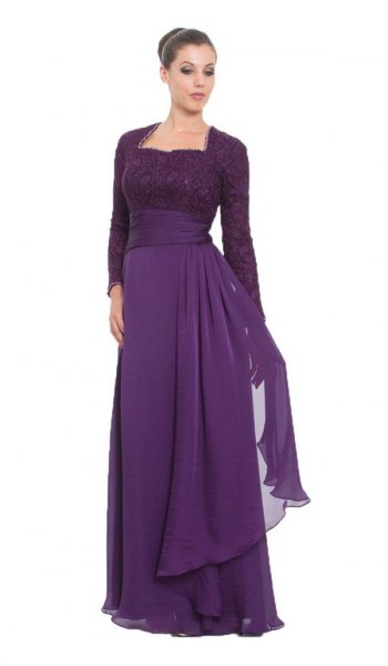 Two-tone lace and chiffon long dress with violet sleeves