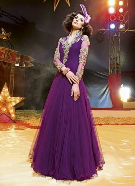 Purple chiffon semi sheer floor length pleated flare dress