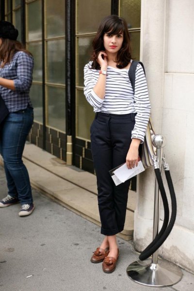 White and black striped long sleeve t-shirt with black cropped straight leg chinos