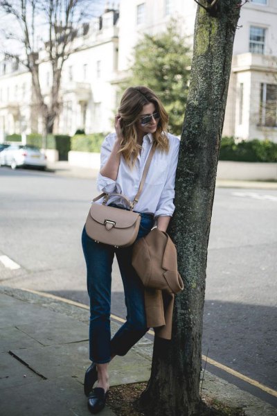 White button down shirt, black leather cropped leggings and backless loafers