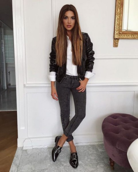 black biker jacket with white shirt and leather loafers