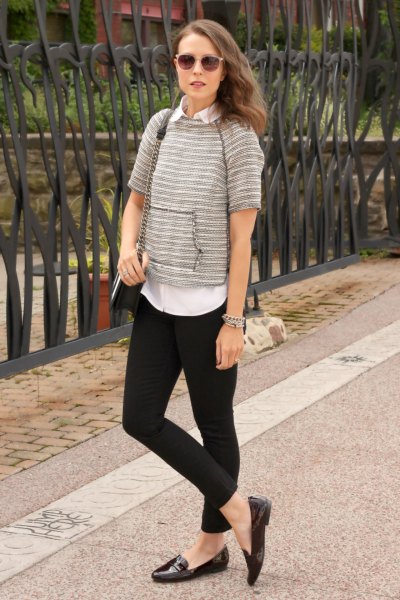 gray and white striped short-sleeved sweater over shirt collar