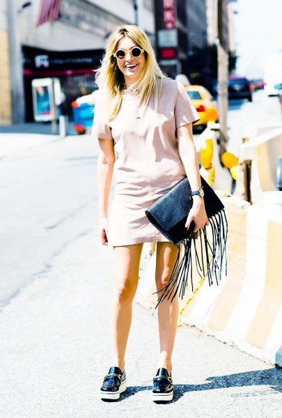 pale pink short sleeve mini shift dress with black loafers