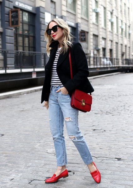 Black blazer with striped t-shirt and ripped ankle jeans