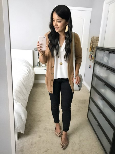 Gold-green casual cardigan with white V-neck top