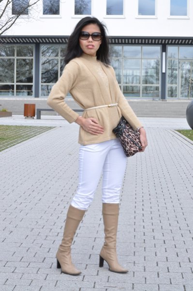 Belted crepe cardigan with matching knee high boots and white jeans