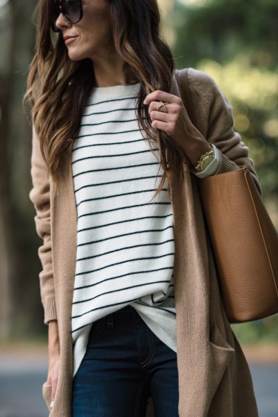 Camel colored longline cardigan with black and white striped tunic top