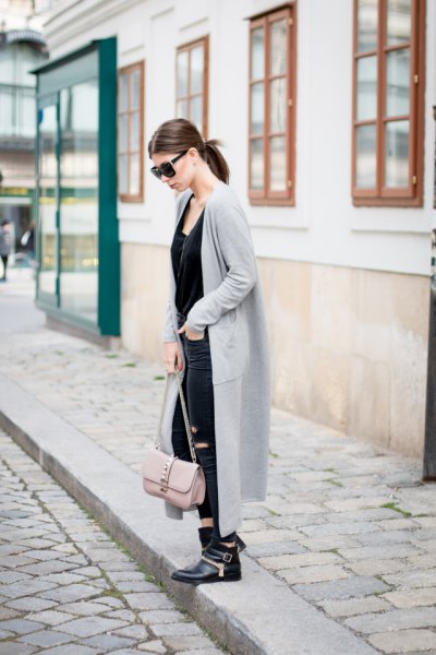 Maxi longline cashmere jacket with an all black outfit