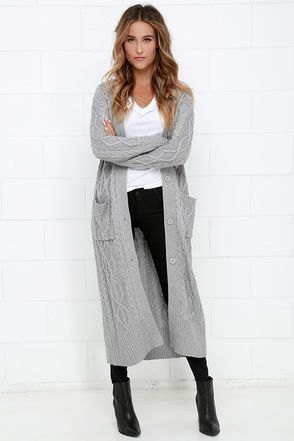 Gray cable knit maxi sweater cardigan with black skinny jeans