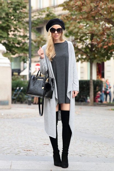 black painter's hat with gray longline cardigan and thigh-high boots