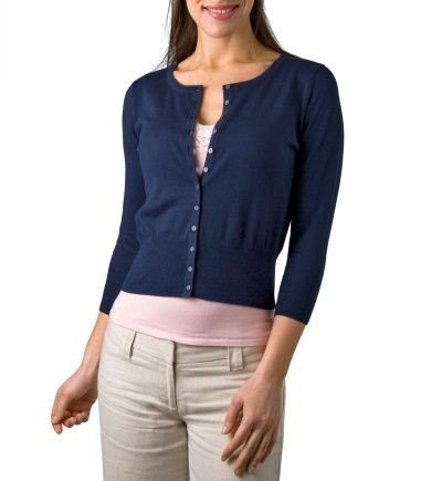 Navy blue cropped sweater cardigan with buttons and white scoop
neck t-shirt