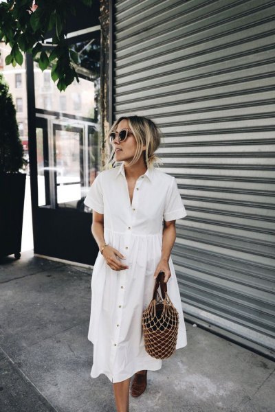 White cotton shirt dress with buttons and sandals