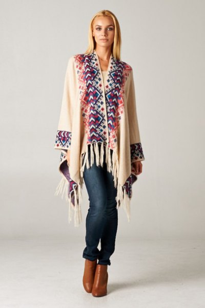 White and dark blue printed fringe cardigan with brown leather ankle boots