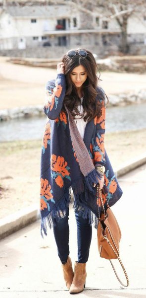Navy blue and lime green printed knit cardigan with camel ankle boots