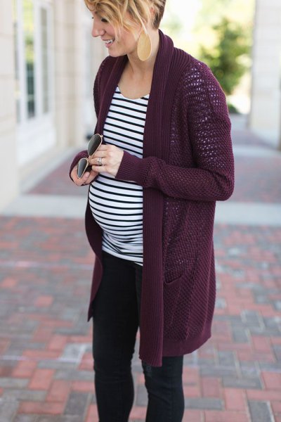 Black longline maternity cardigan with striped long sleeve relaxed fit t-shirt