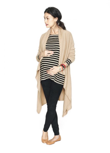 Long cardigan in soft pink with navy blue striped maternity tunic top