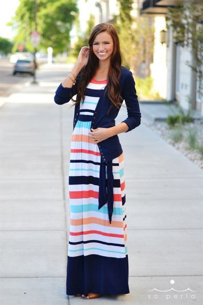 Navy blue sweater cardigan with blue and white color block maternity maxi dress