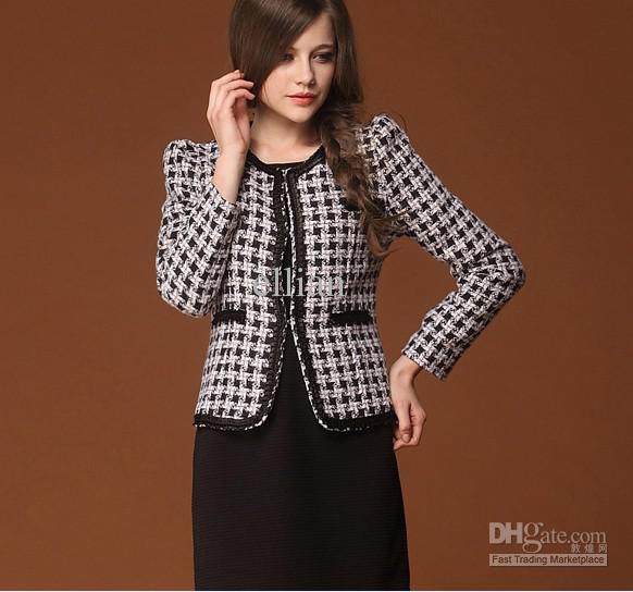 Black and white checked tweed coat with pencil skirt