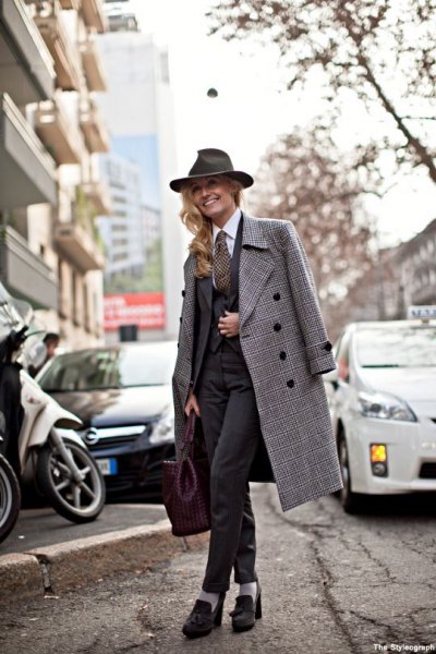 gray checked long tweed coat with black suit