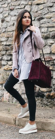 gray cropped suede jacket with blue and white striped tunic shirt