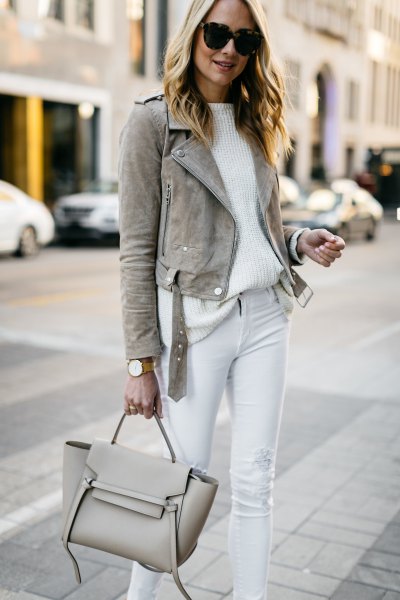 gray suede blazer with white ribbed relaxed fit sweater