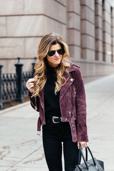 Black suede biker jacket with slim fitting high waisted jeans