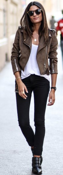 Dark brown suede fitted biker jacket with white scoop neck tank top