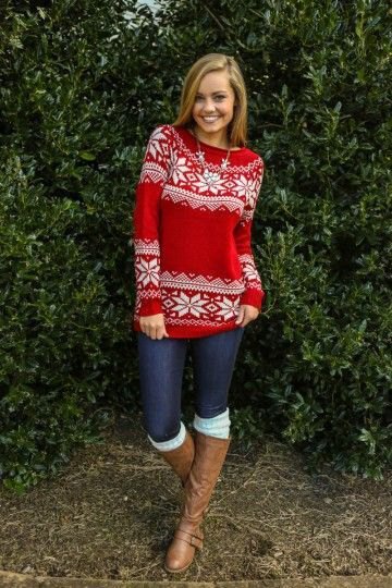 Red and white printed Christmas jumper with skinny jeans