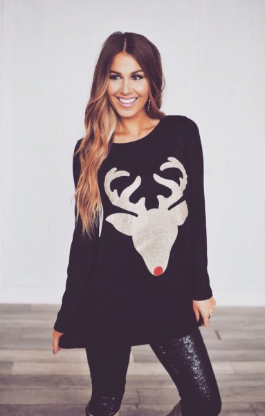 Black vacation sweater dress with sequin leggings