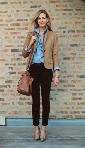 tan blazer with blue button down chambray shirt and ankle corduroy jeans
