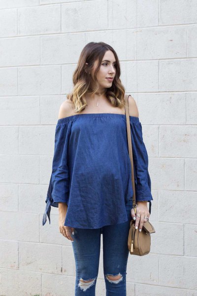 Blue off the shoulder chambray blouse with ripped maternity jeans