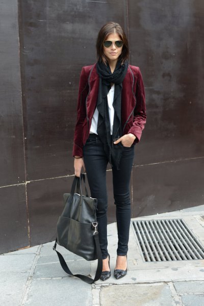 Burgundy blazer with white blouse and black scarf