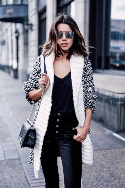 White and black printed long knit cardigan with velvet pants
