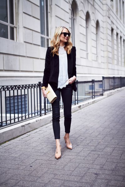 black blazer with white lace blouse and slim velvet jeans