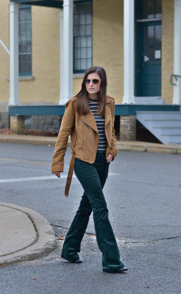 Flared velvet jeans with brown suede motorcycle jacket