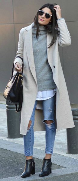 Light gray long wool coat with cowl neck cashmere sweater