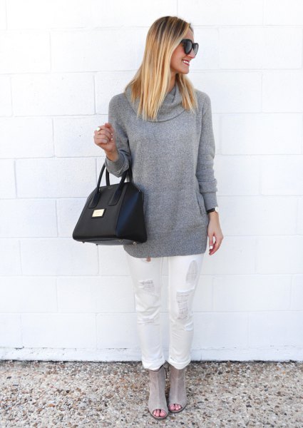 Gray chunky sweater with white straight ripped jeans