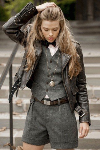 black leather jacket with gray waistcoat and matching shorts