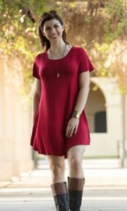 red short sleeve tunic dress with gray knee high boots