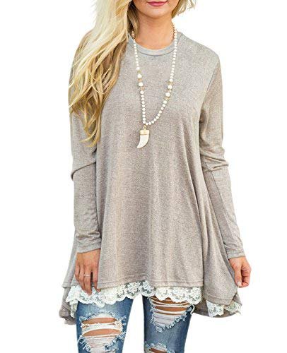 Light gray long sleeve lace tunic t-shirt with scalloped hem and
ripped skinny jeans