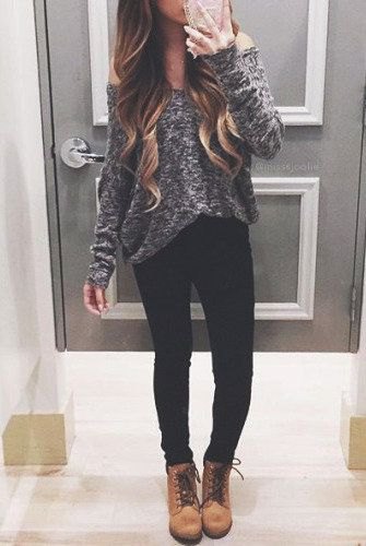 Heathered gray off-the-shoulder sweater with camel-colored lace-up boots