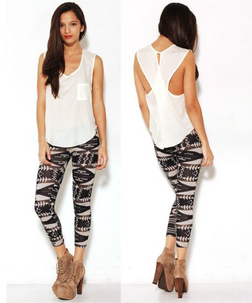 White tank top with open back and black printed leggings