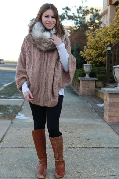 Gray cable knit cape sweater and faux fur infinity scarf