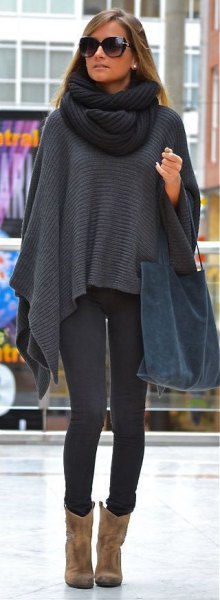 dark gray knit scarf with matching cape and suede ankle boots