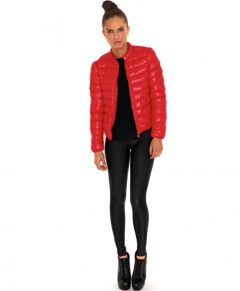 bright red fitted bubble jacket with black super skinny jeans