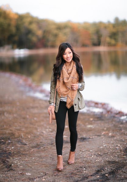 gray blazer with crepe fringed scarf and camel leather fall boots
